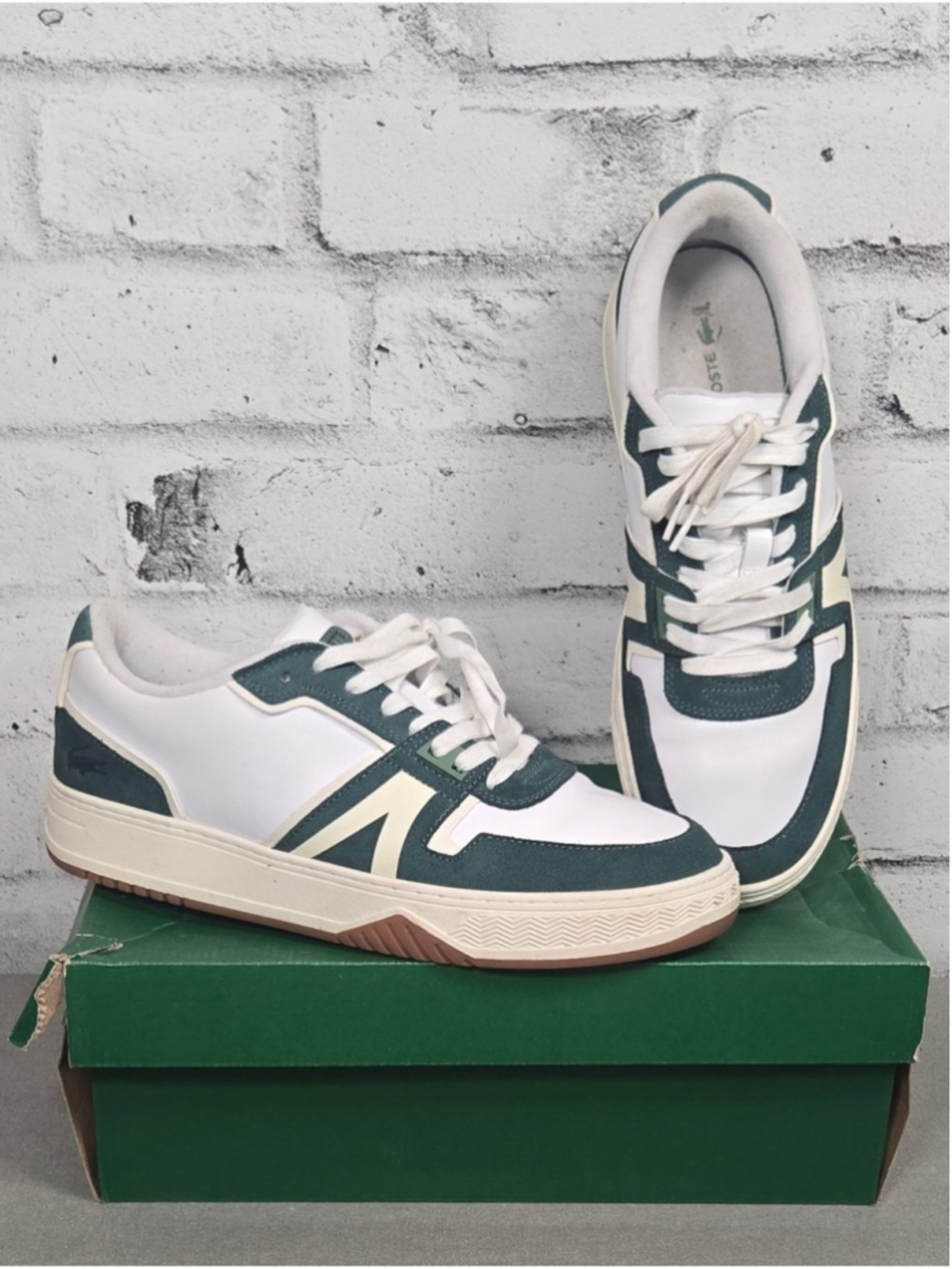 Lacoste L001 White Green Leather Court Sneakers Size 10.5